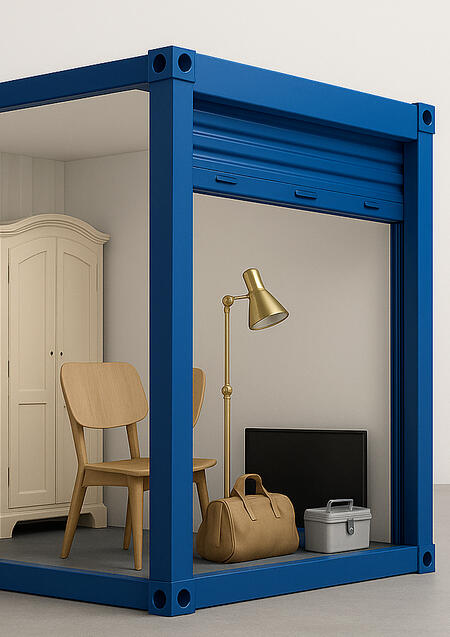 Cutaway view of a Strongholds™ insulated drive-up storage unit at Boxxs Self Storage in Linlithgow, showing how household goods, business stock, and tools can be stored securely.